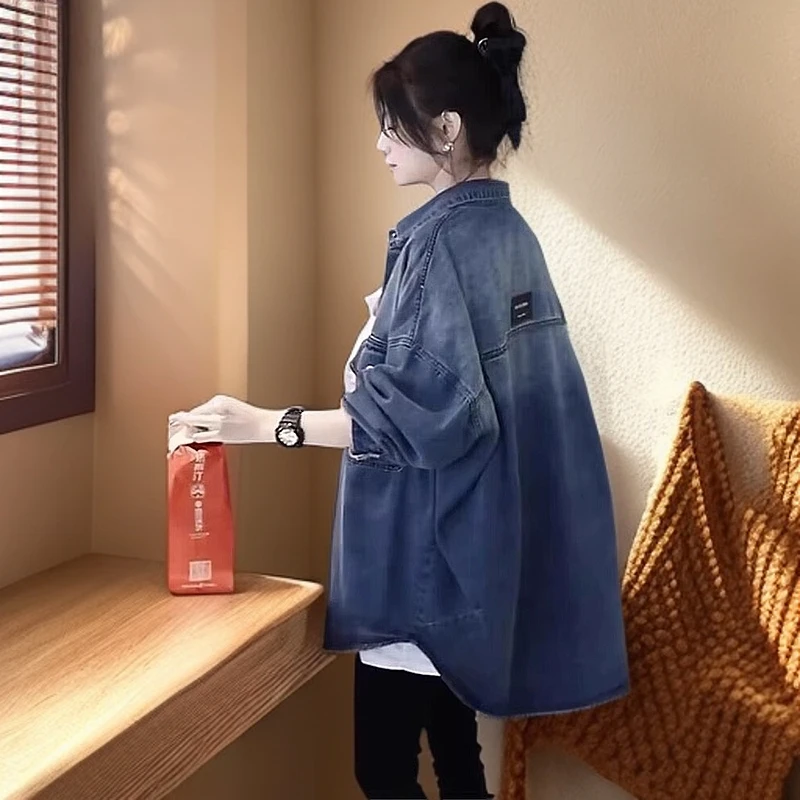 时尚牛仔衬衫女秋冬新款韩版减龄宽松长袖上衣加厚加绒衬衣外套