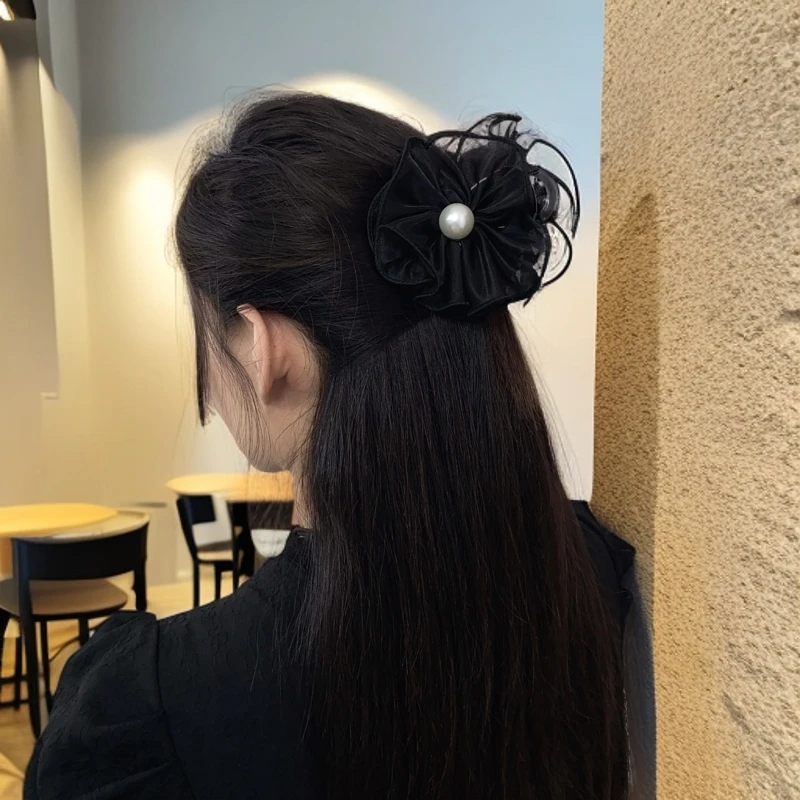 A高级感花苞珠珠抓夹后脑勺网纱花朵盘发鲨鱼夹发卡半扎发夹1241