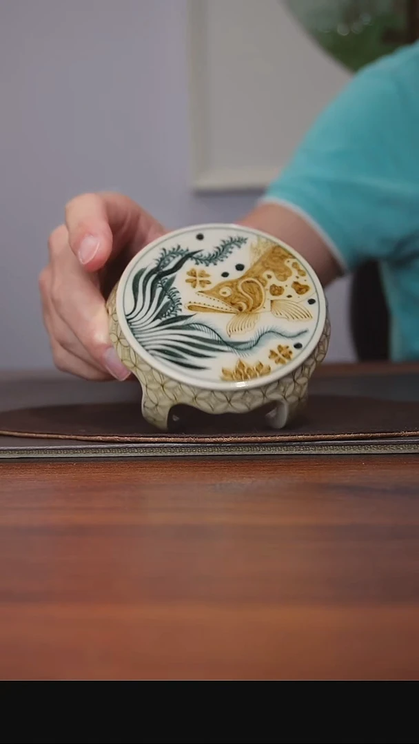 青花釉里金 富贵有余 板凳盖置