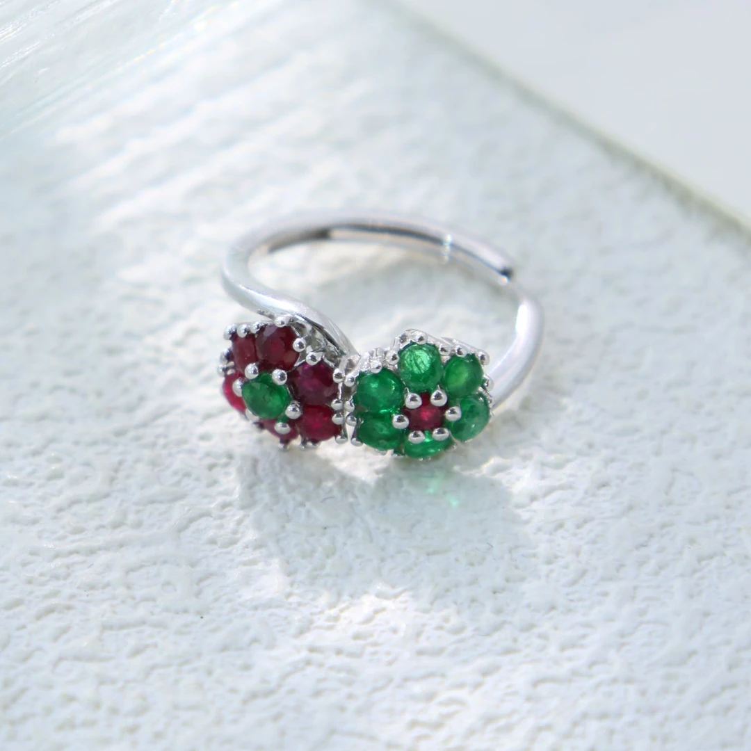 s925天然宝石多宝戒指双生花（红宝祖母绿）