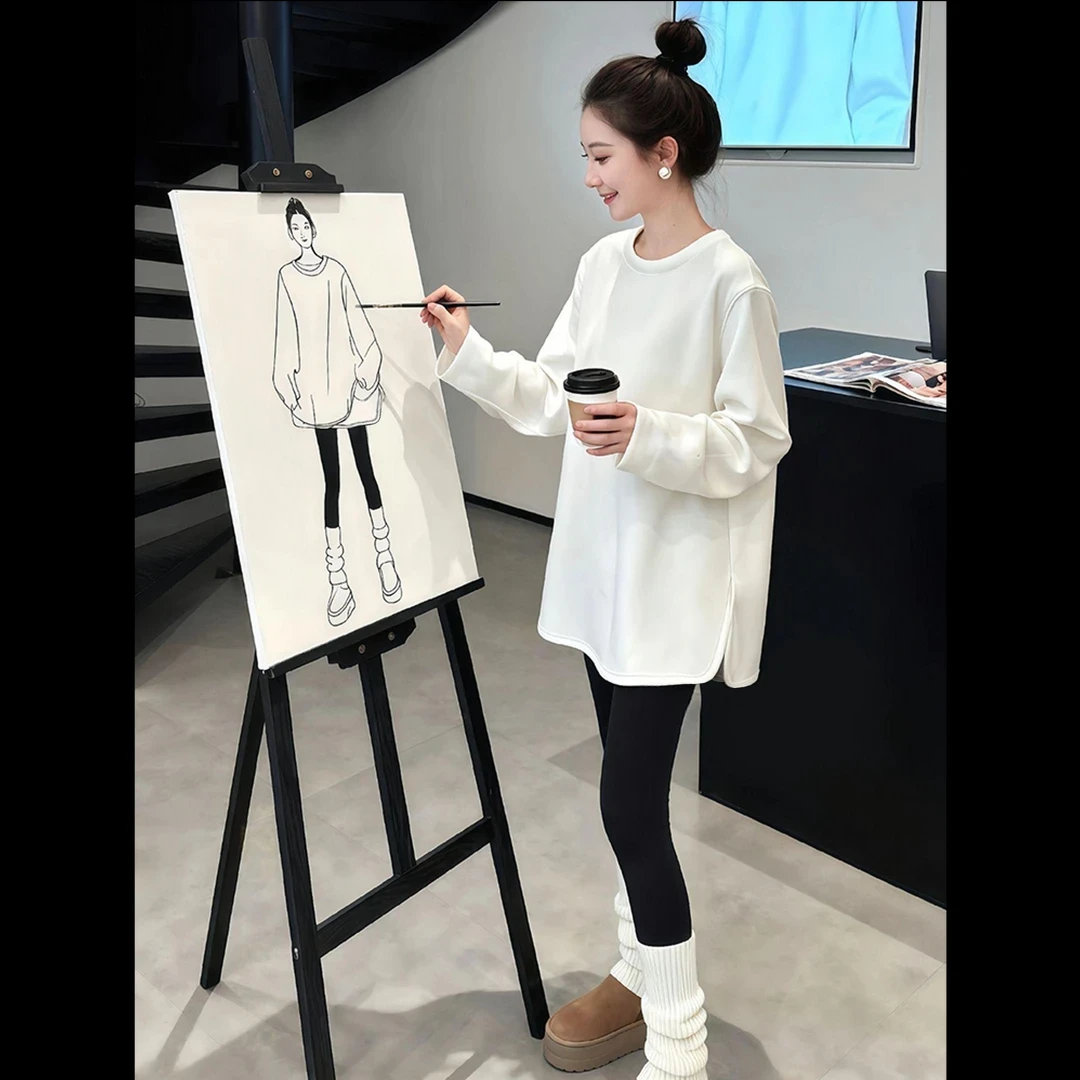 韩版圆领白色加绒打底衫女秋冬新款宽松中长款内搭长袖t恤上衣潮