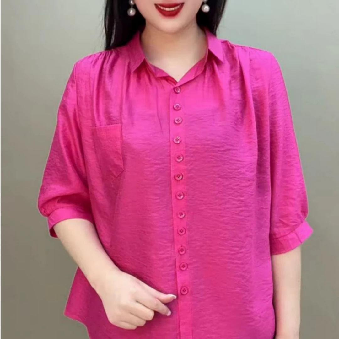夏款七分袖衬衫百搭减龄中年妈妈装2025新款宽松休闲纯色女装小衫
