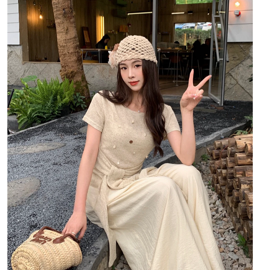 时髦贝壳设计绑带短袖T恤针织衫慵懒松弛高腰压褶阔腿休闲裤