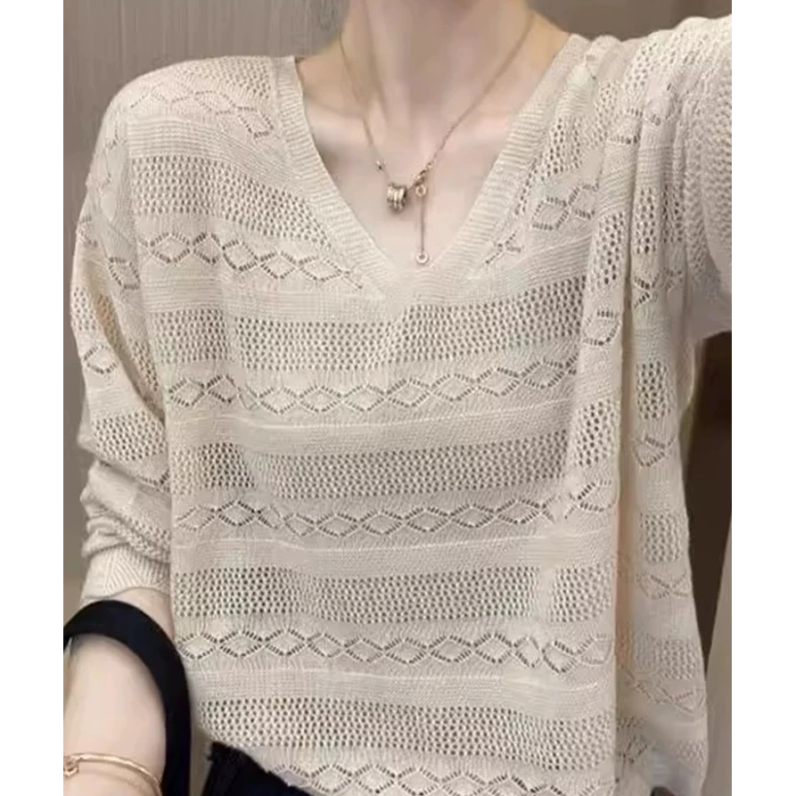 【例畔精选】春夏季时尚百搭V领镂空提花百搭针织衫A277#