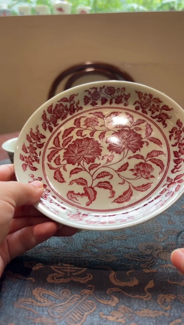 栎**化闪购釉里红全红壶承