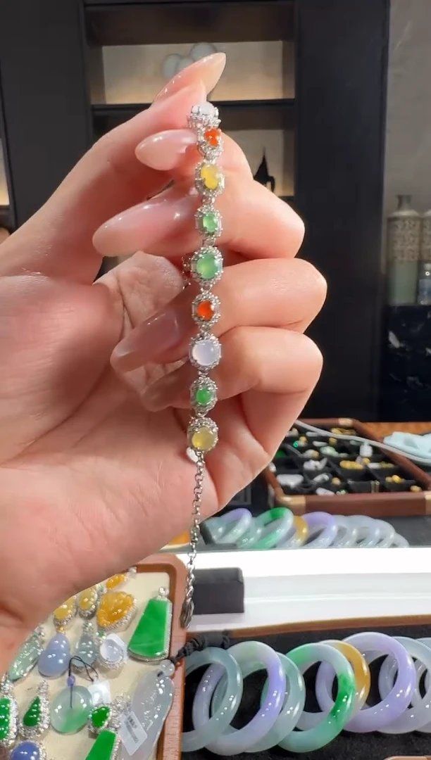 银S925镶嵌手链翡翠34多样性发其一