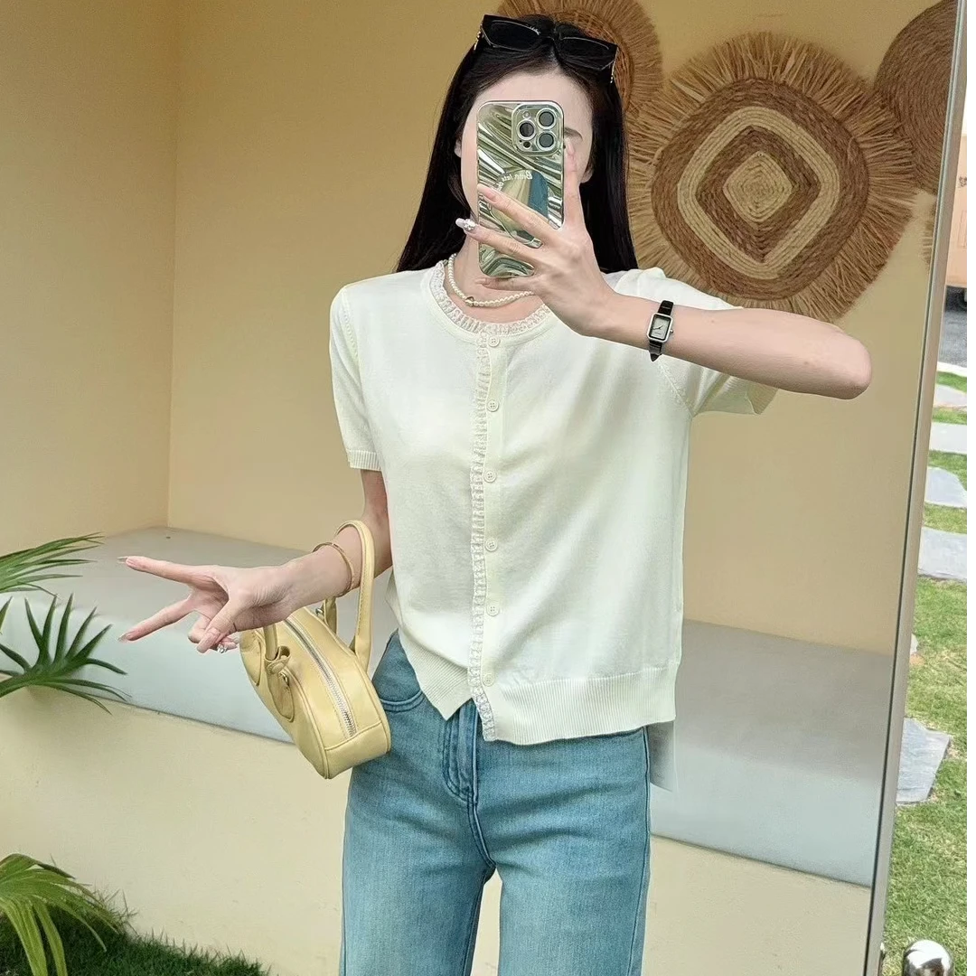 2025蕾丝花边拼接短袖针织开衫夏季时尚休闲百搭短款上衣针织开衫