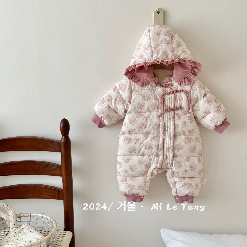 冬季婴幼儿羽绒服连体衣韩版满印连帽新生儿国风小碎花羽绒服2449