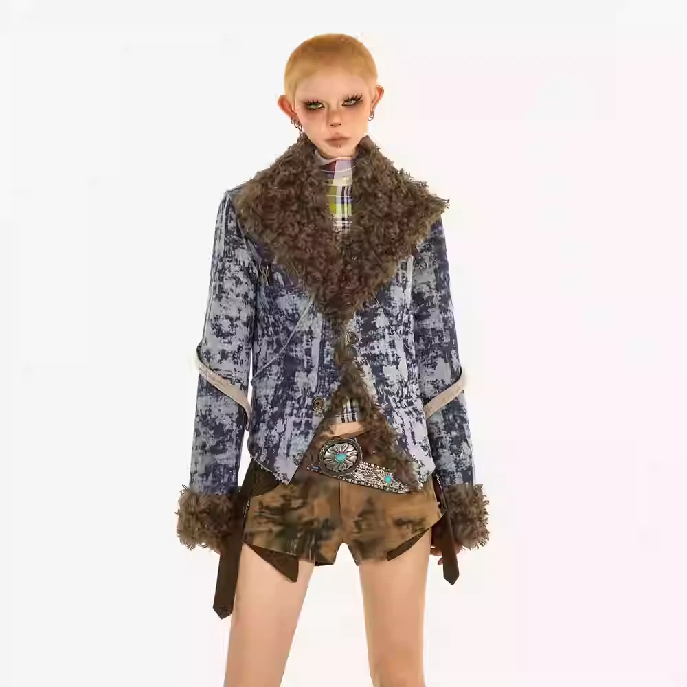 【现货】设计加厚牛仔皮毛外套女冬复古氛围感毛毛翻领棉服NK241