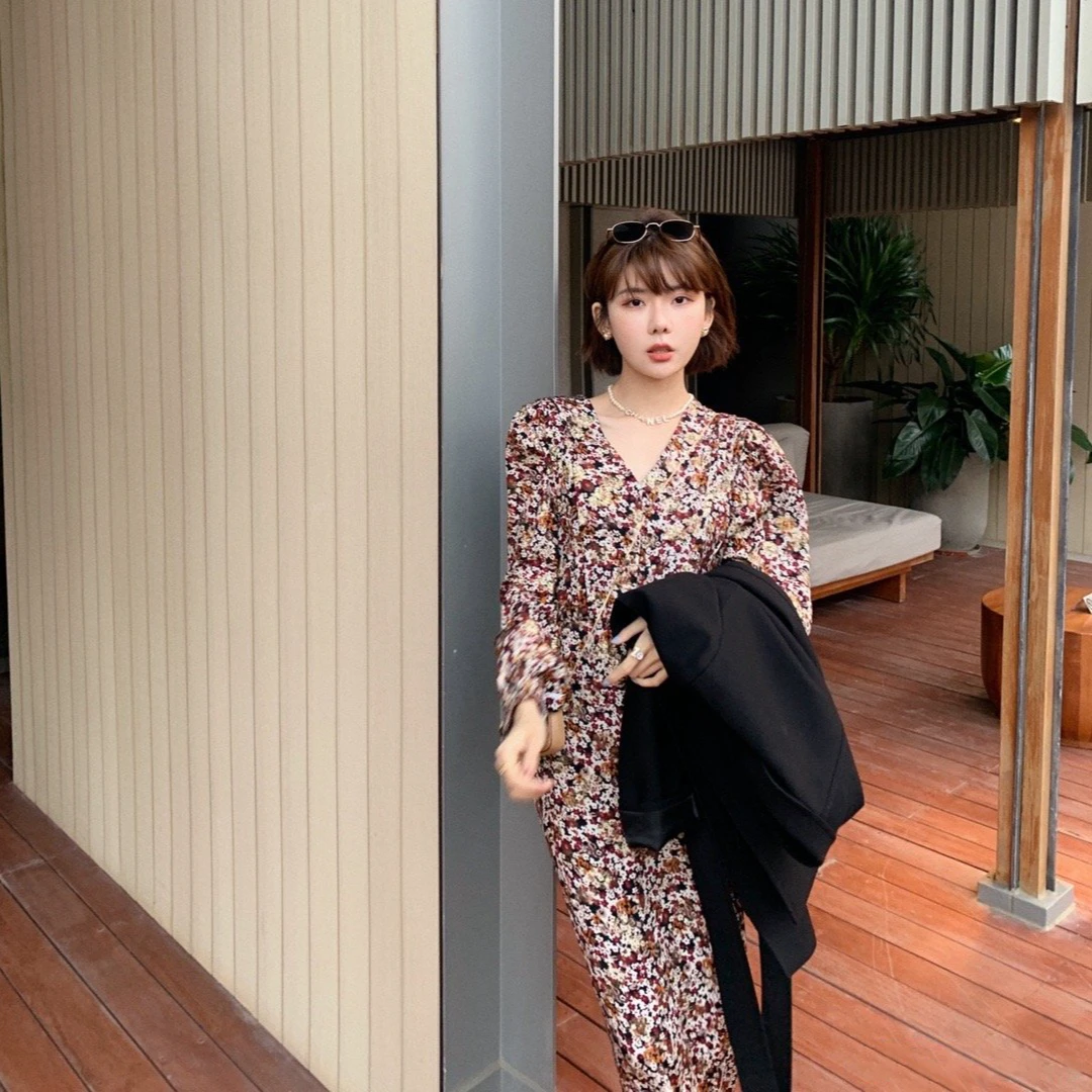 ASM ANNA◆ 岛歌系列~气质v领收腰鱼尾碎花连衣裙AS2517