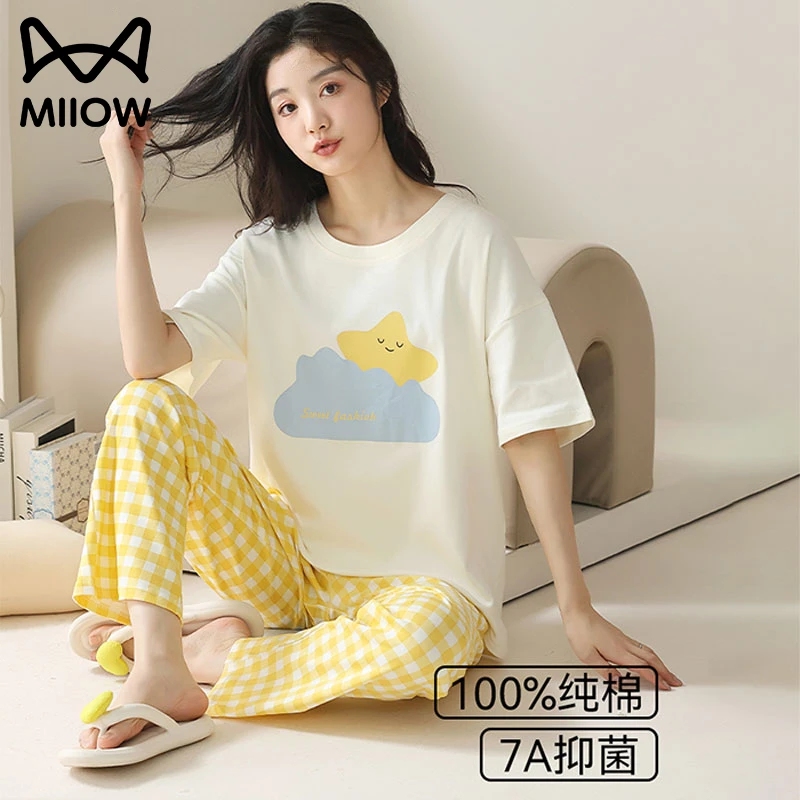 猫人睡衣女士夏季纯棉2025新款薄款大码高级感短袖长裤家居服套装