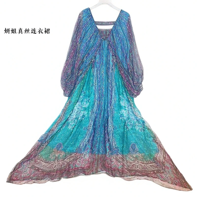 桑蚕丝2025春夏新品原创气质阔版裙宽松仙气真丝连衣裙七彩 23068