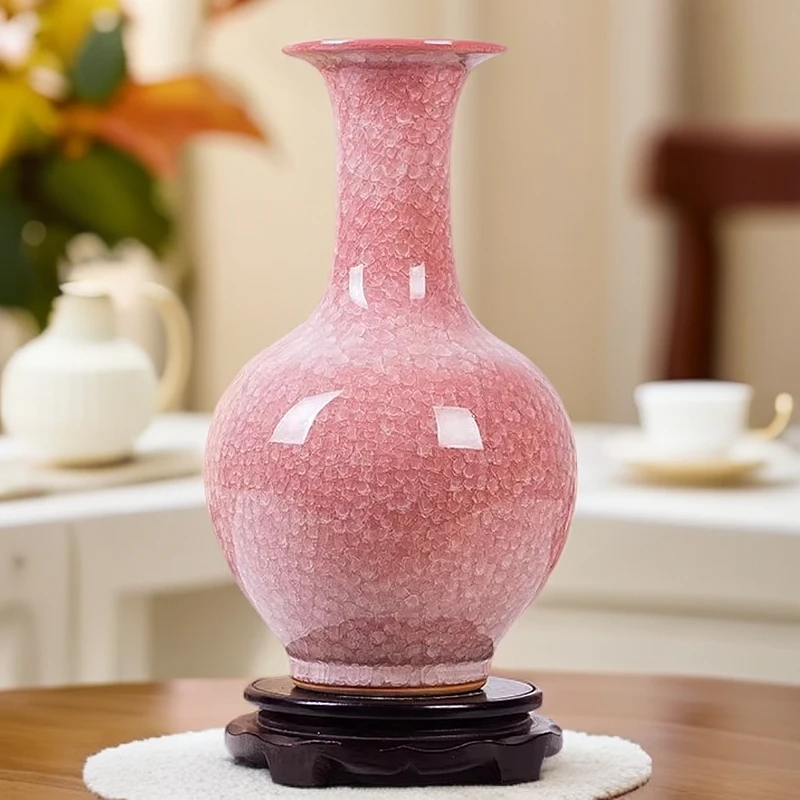 景德镇陶瓷器花瓶仿古新中式粉冰裂摆件插花官窑家居电视柜装饰品