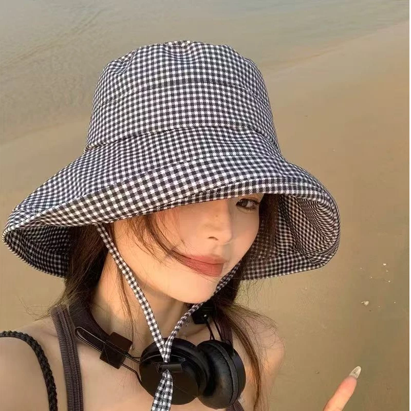 新款A44 格子防晒渔夫帽防紫外线遮阳显脸小