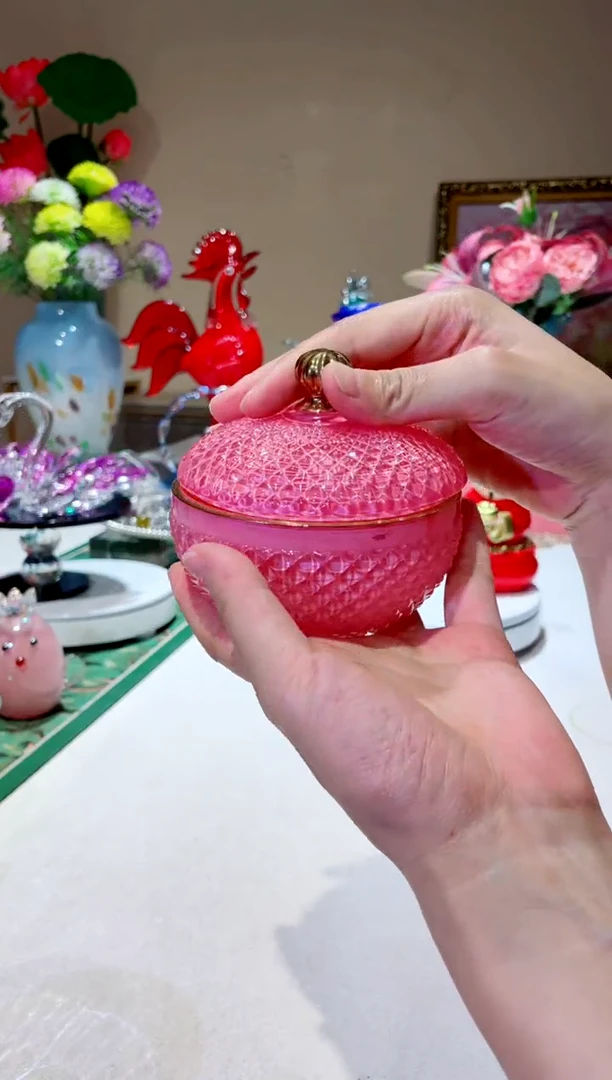 琉璃手工艺品粉色圆碗收纳