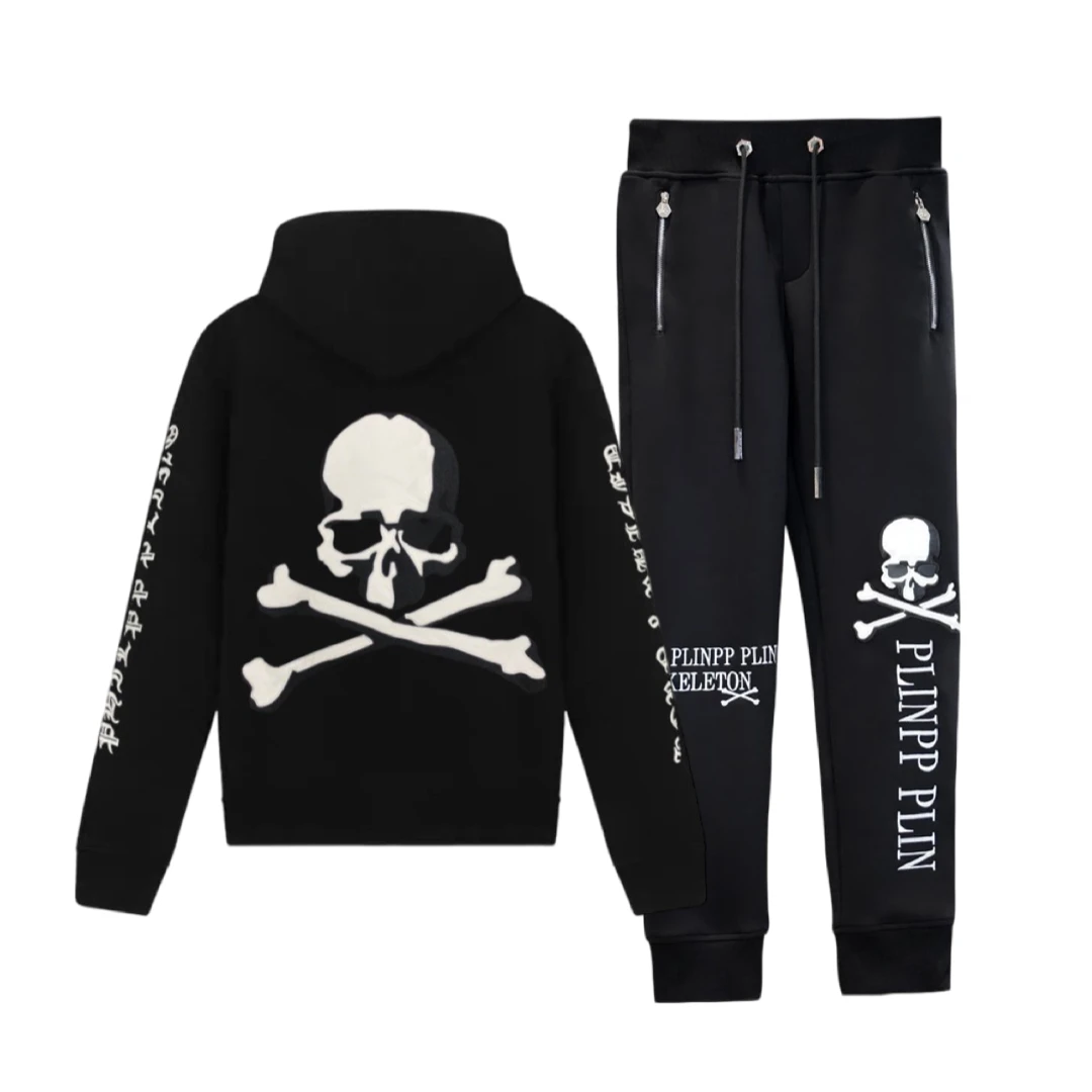 秋冬季新款骷髅刺绣时尚连帽休闲套装男士长袖宽松潮流针织印花