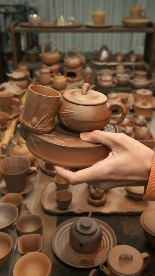 竹节浮雕蓄水壶承+扁竹壶180ml+高竹节杯