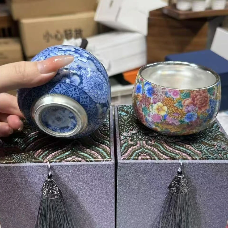 【闪购商品】喜俏茶器链接珐琅彩加青花鎏银对杯@@mc016
