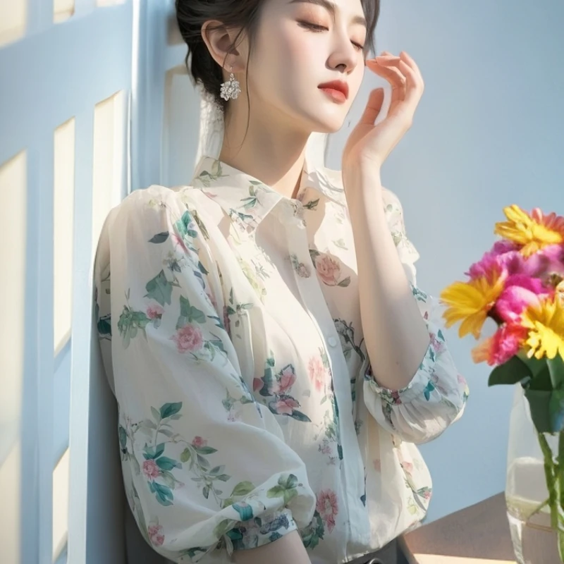 2025新款印花雪纺春夏季法式别致时尚气质上衣碎花衬衫女中袖衬衣