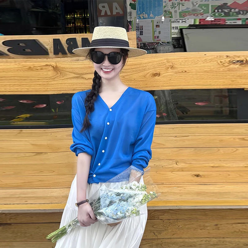 韩系克莱因蓝v领针织百搭防晒开衫女夏季吊带外搭薄纱小披肩上衣