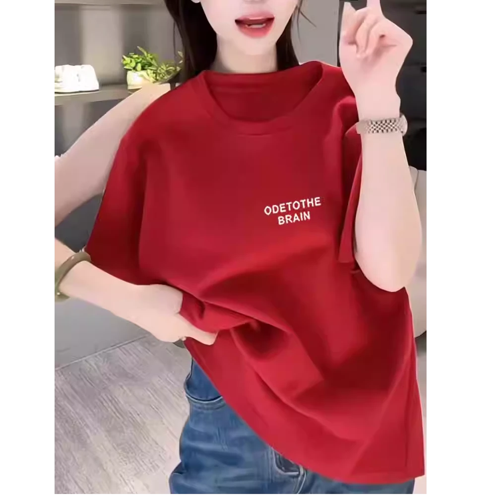 正肩磨毛短袖t恤女2025春夏秋新款时尚百搭减龄洋气红色上衣韩版