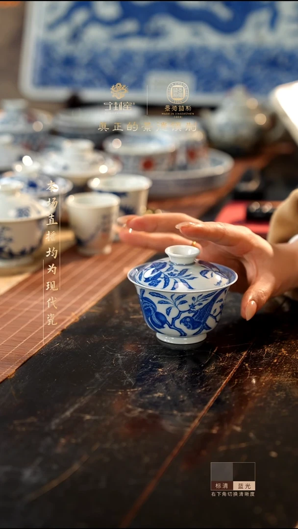 宁封窑青花鹦鹉盖碗