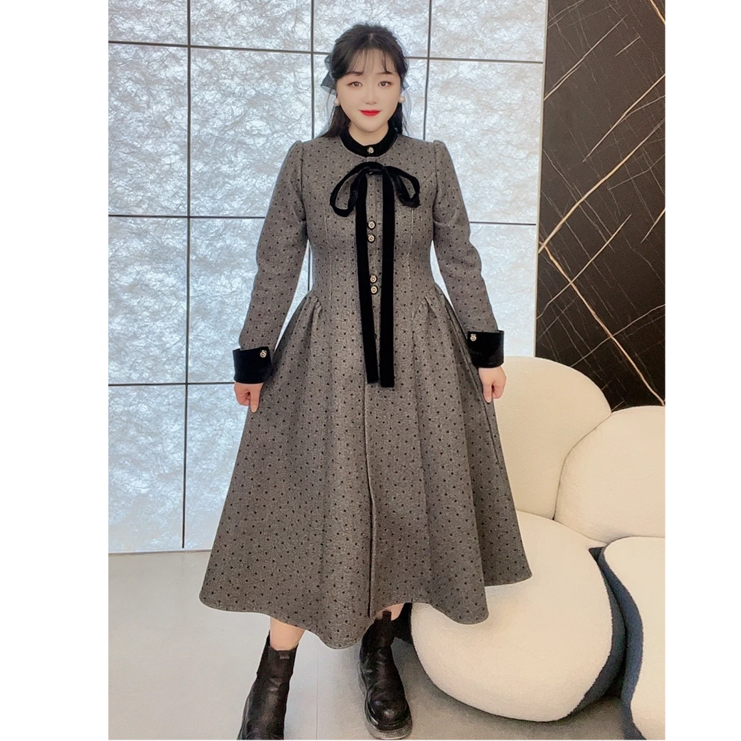 89025圆领波点收腰复古法式时尚小香长袖秋冬显瘦连衣裙