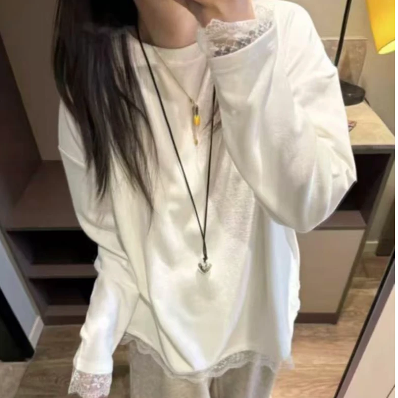 纯白蕾丝边长袖2024秋季新款内搭打底衫上衣