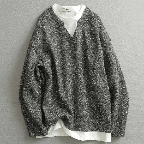 【见川】秋上新 「美式复古风」修身版型V领长袖T恤 痞帅慵懒风男装