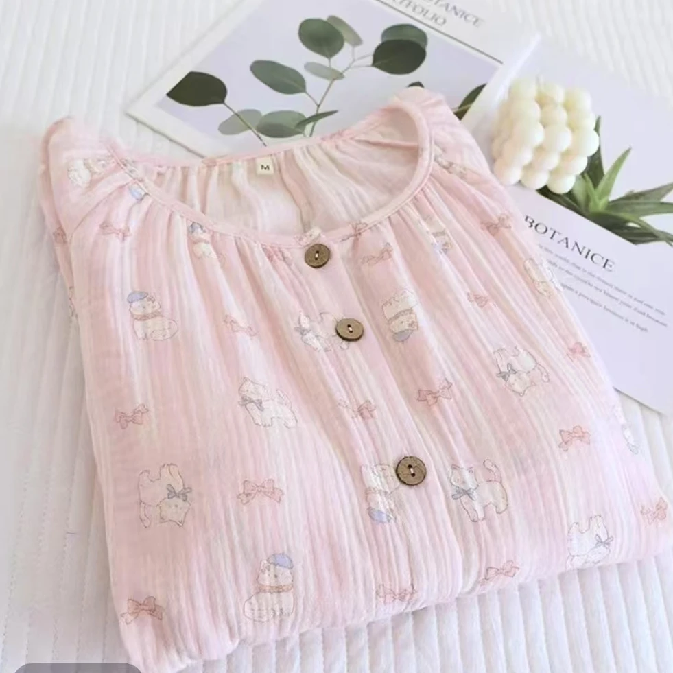 会呼吸的棉~圆领套装春秋四季泡泡纱长袖家居服婴儿棉纱