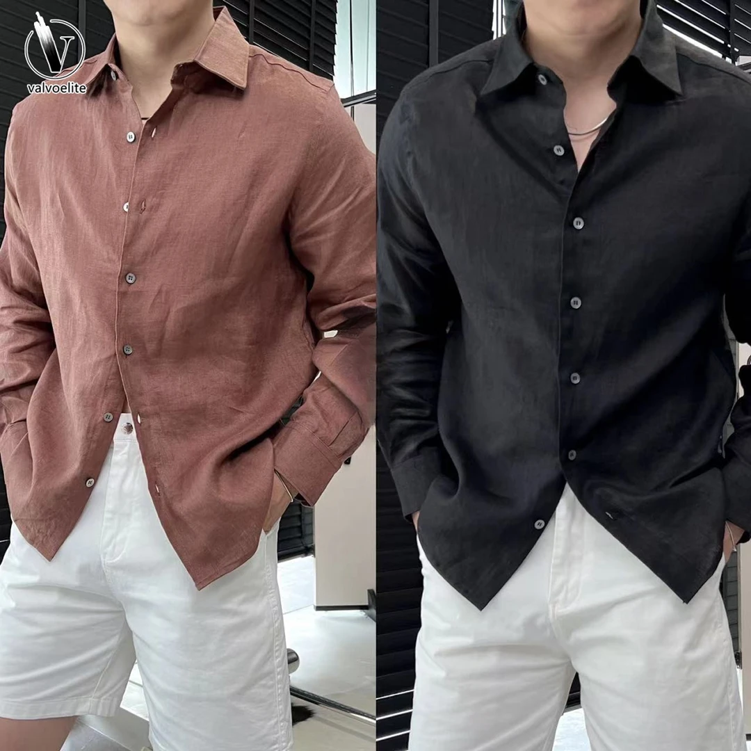 VALVOELITE秋季高级感纯色百搭男士简约港风设计感男装长袖衬衫