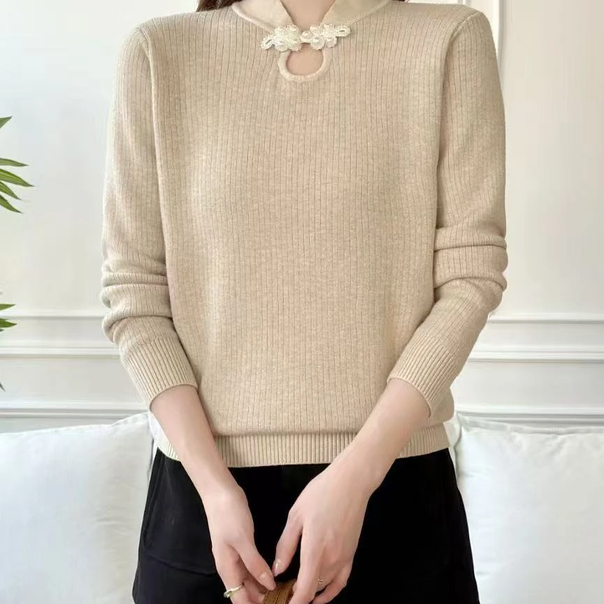 新款新中式国风盘扣一体绒针织打底衫显瘦遮肉百搭气质上衣C019