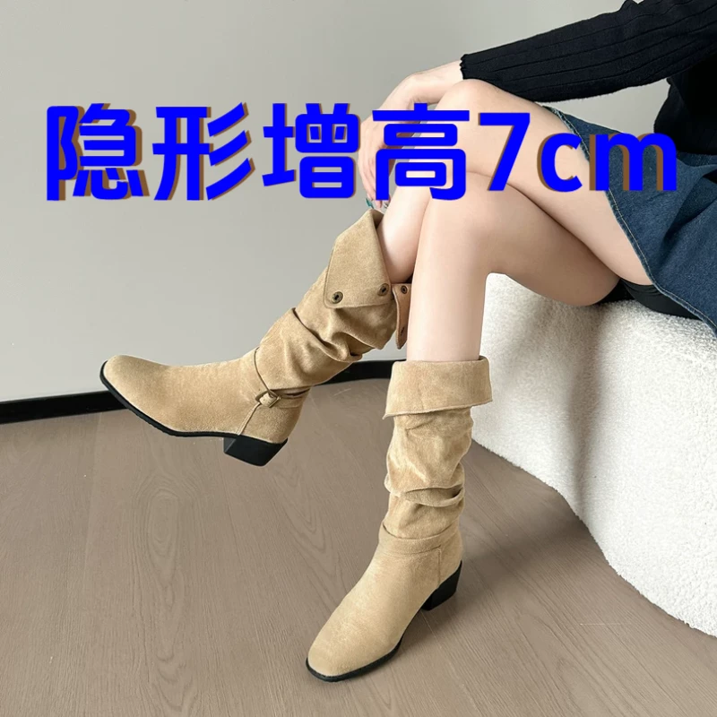 秋冬加绒内增高7cm西部牛仔靴女翻领两穿粗跟高筒靴堆堆靴骑士靴