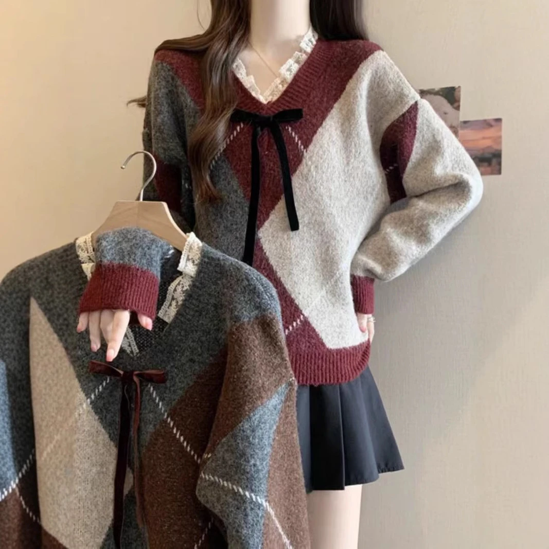 韩系菱格蕾丝毛衣女秋冬新款清新甜美设计感蝴蝶结针织衫上衣