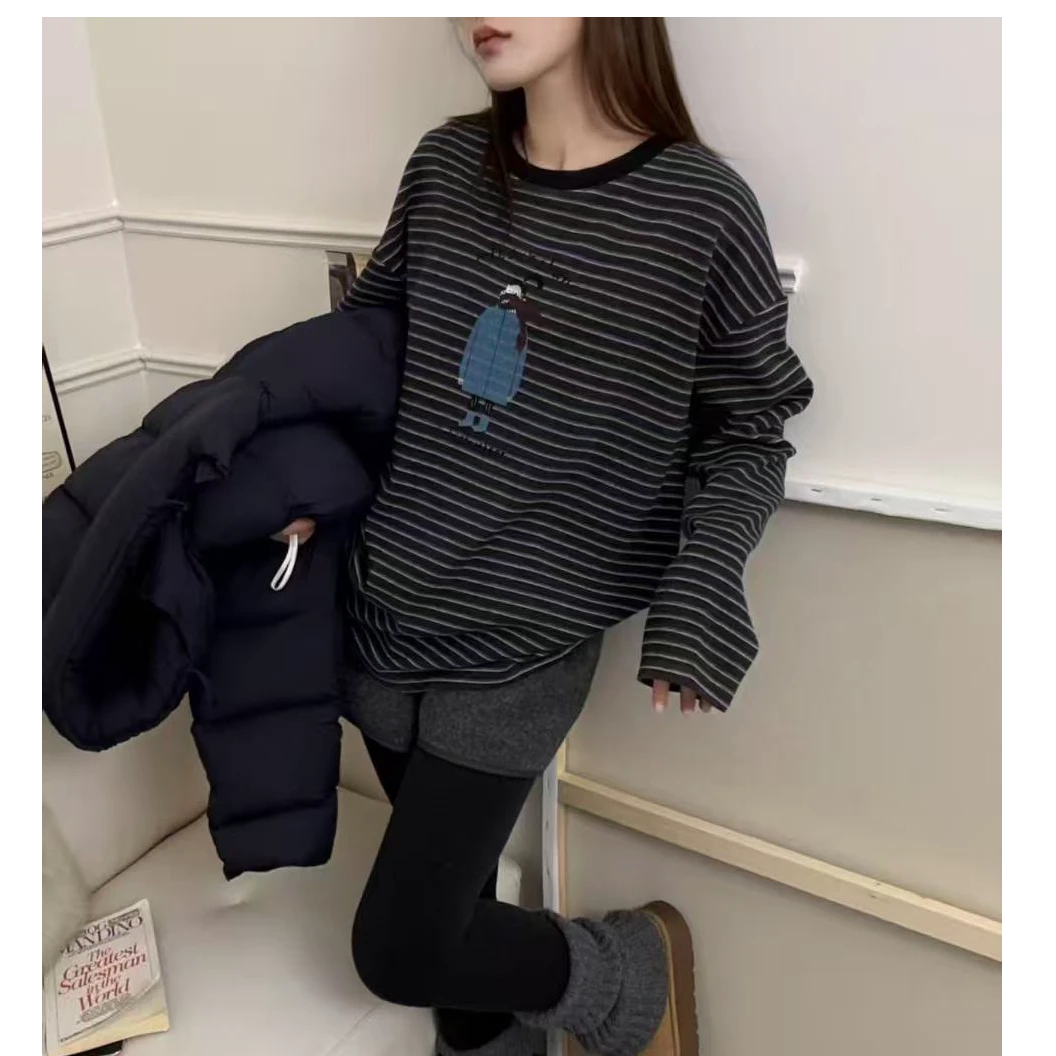 欧洲站25冬季新款韩范条纹长袖T恤女字母印花加绒打底衫百搭上衣