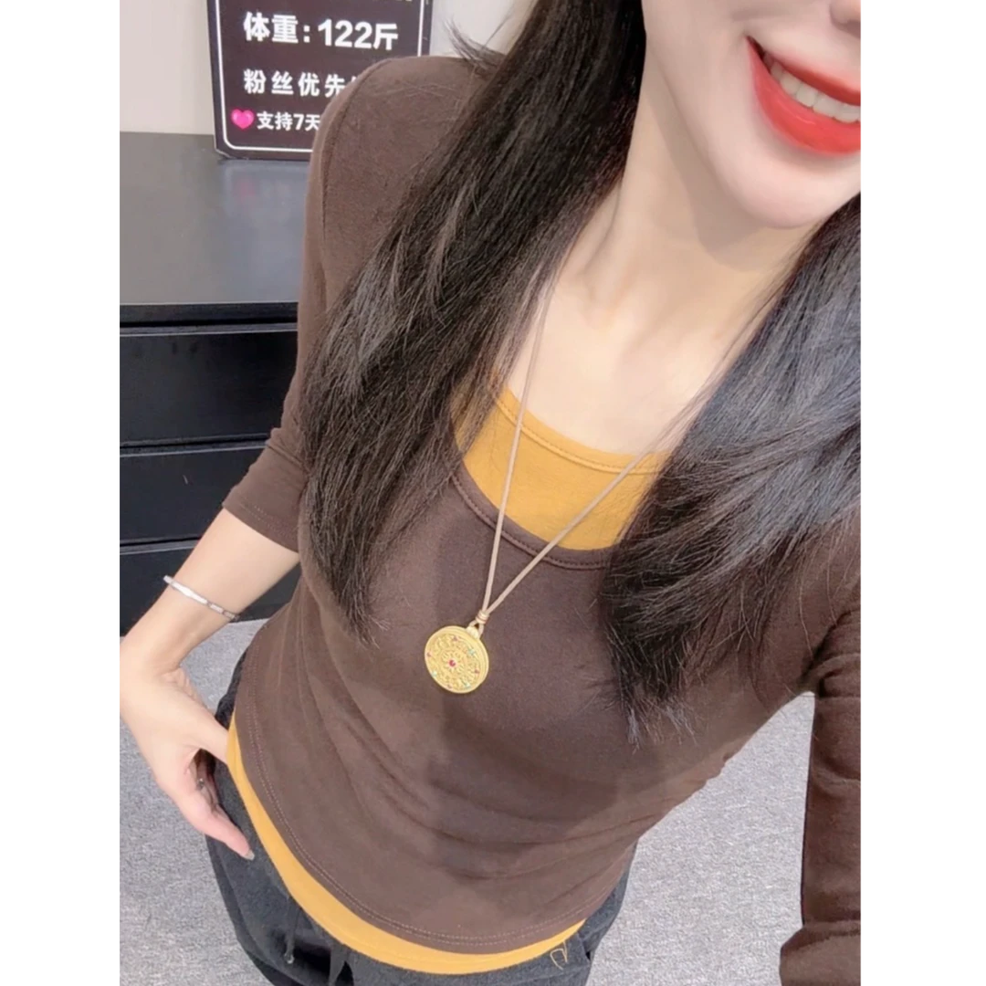 【唯美女装】撞色假两件～特色设计感磨毛收腰显瘦棉T