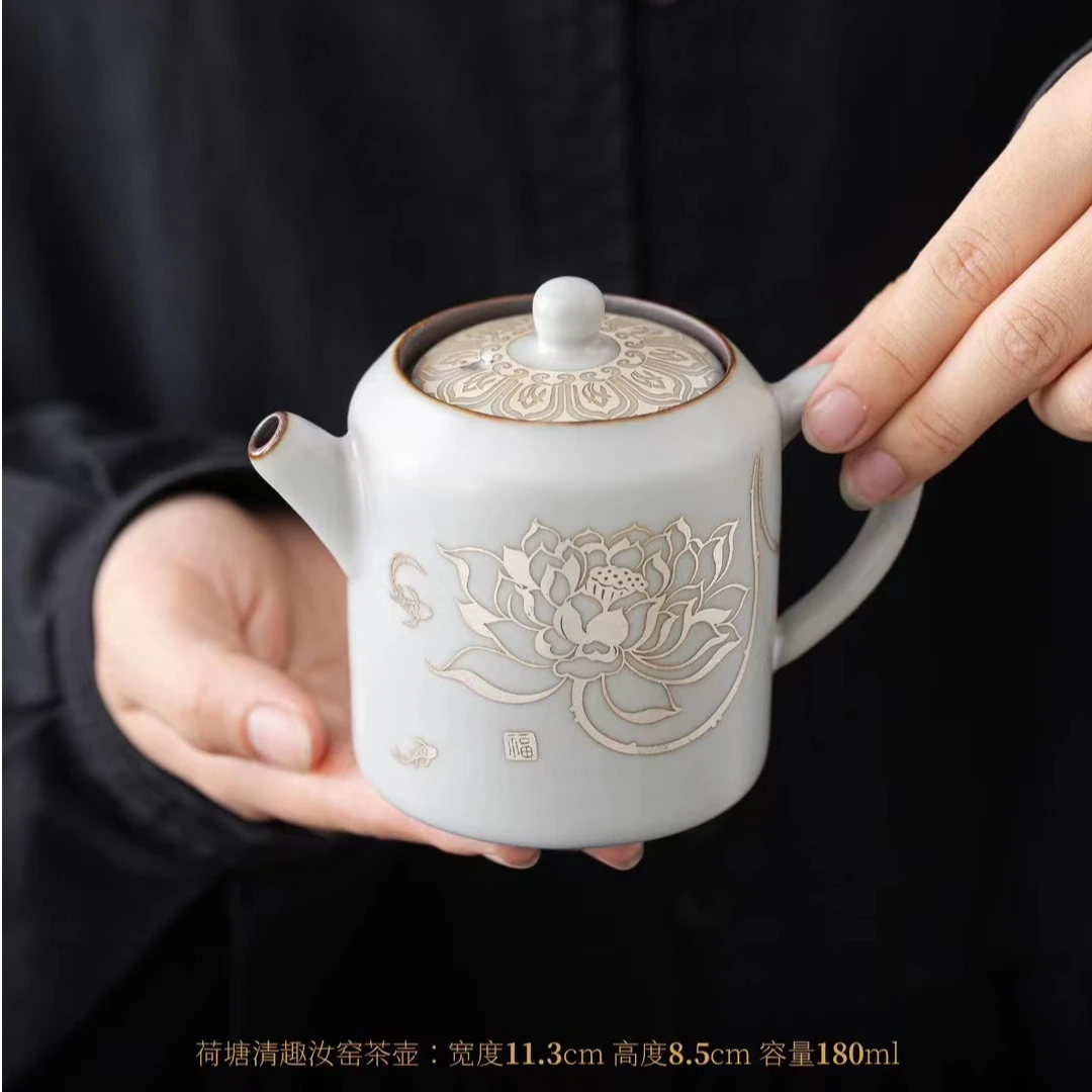 LH109-汝窑掐丝银莲花旅行茶具一壶三杯手工陶瓷荷莲荷韵便携套装