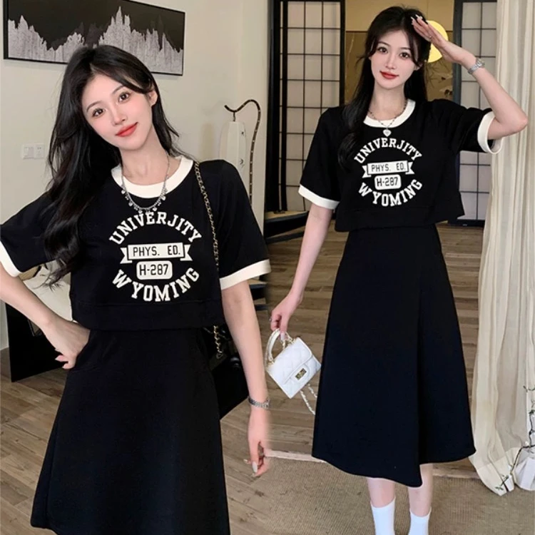 （现货）夏新款撞色拼接假两件胖MM透气休闲显瘦百搭连衣裙子潮1535