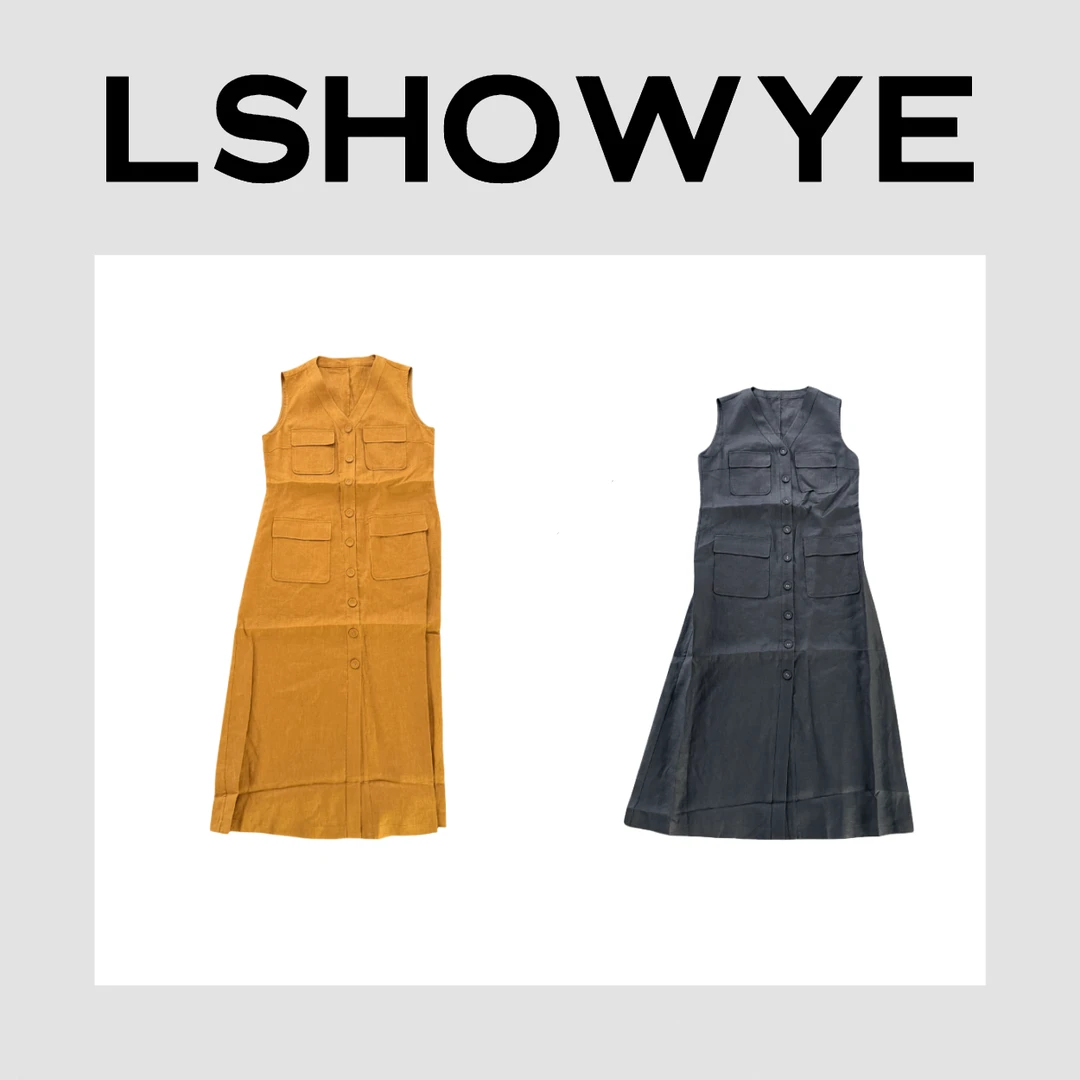 LSHOWYE｜多口袋多排扣亚麻连衣裙 L2E051