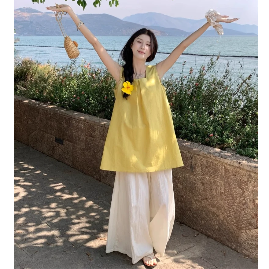 2025夏季韩系新款黄色无袖背心衬衫女宽松chic白色阔腿裤套装