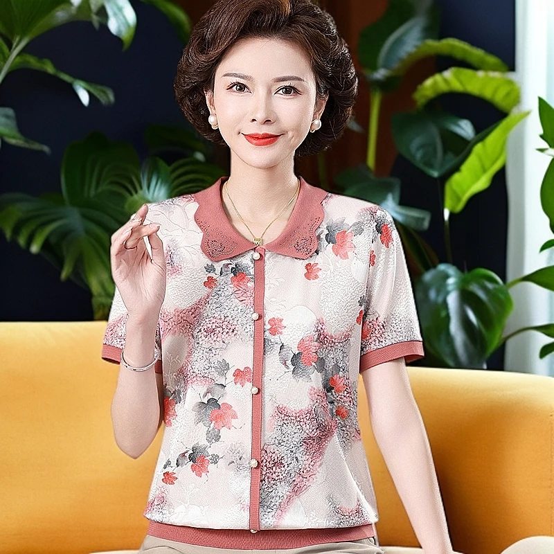 妈妈装夏季t恤短袖打底衫上衣洋气小衫新款中老年女装针织衫薄款