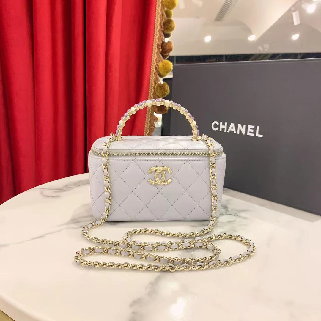 99新 Chanel/香奈儿 24p珍珠手柄长盒子蓝色牛皮芯片款/47766703