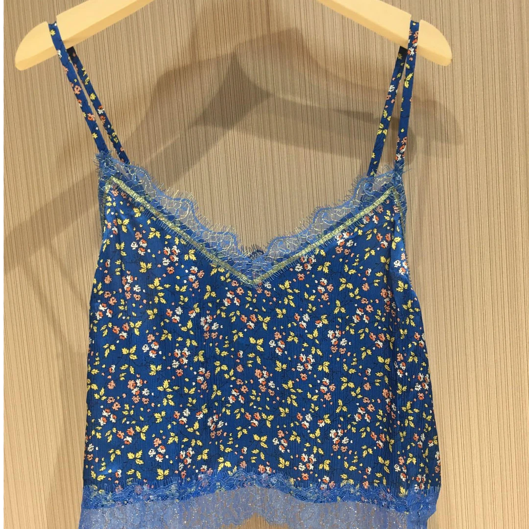 女装蓝色碎花蕾丝边百搭吊带5300356-4332