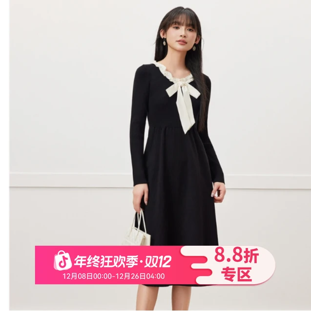 IEF/爱依服2025秋新款蝴蝶结细带法式优雅气质时尚显瘦连衣中裙