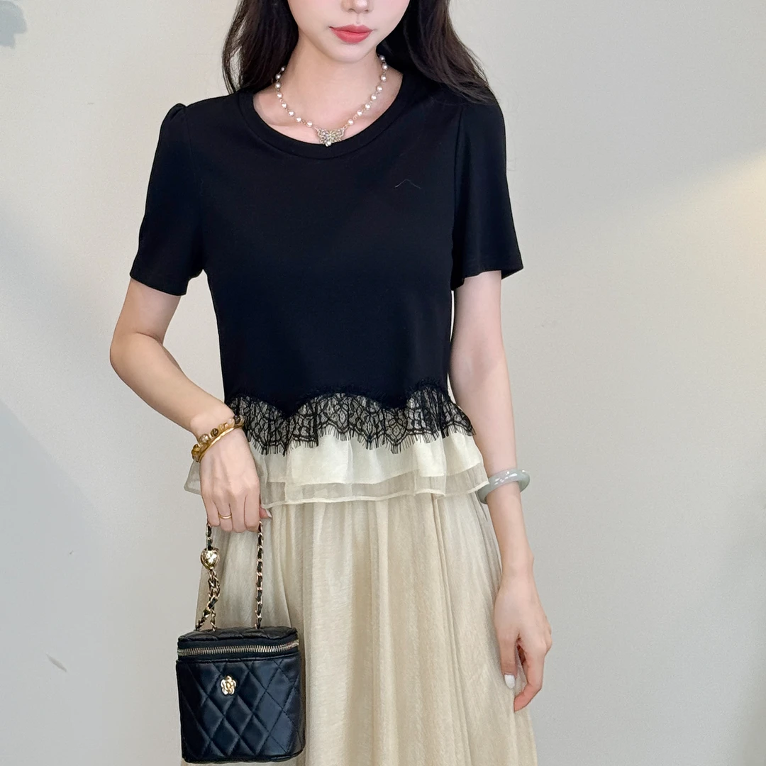 蔡小姐设计上衣2025夏季新款气质拼接芭蕾风荷叶边短袖T恤女
