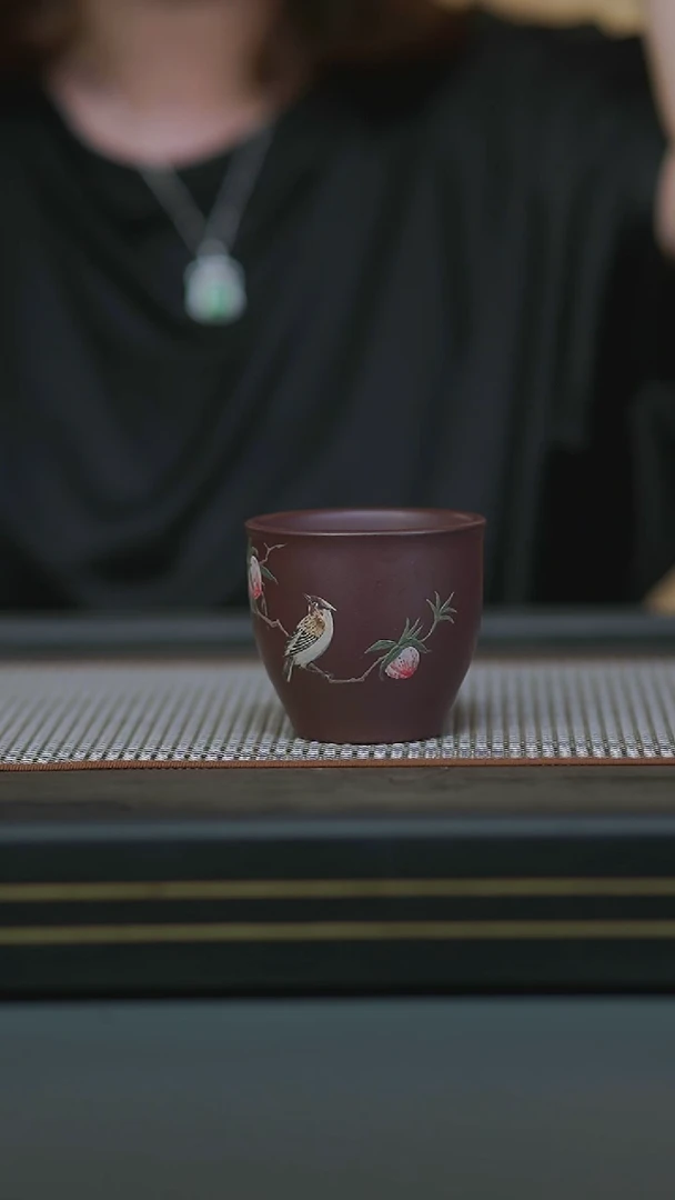 茶壶紫砂03-茄皮紫泥泥绘喜上枝头铃铛杯160cc