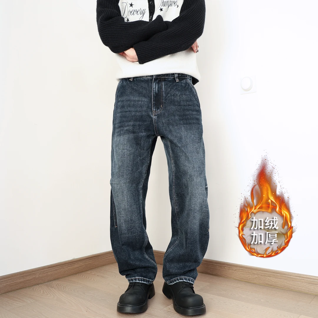 2025冬季新款男士加绒直筒牛仔裤水洗蓝色复古宽松加厚弹力长裤男
