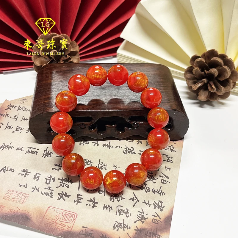 女神节福利【来哥珠宝】赤红鎏金红景天圆珠手串k14