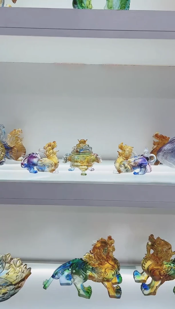 琉璃手工艺品古法琉璃一对貔貅加聚宝盆