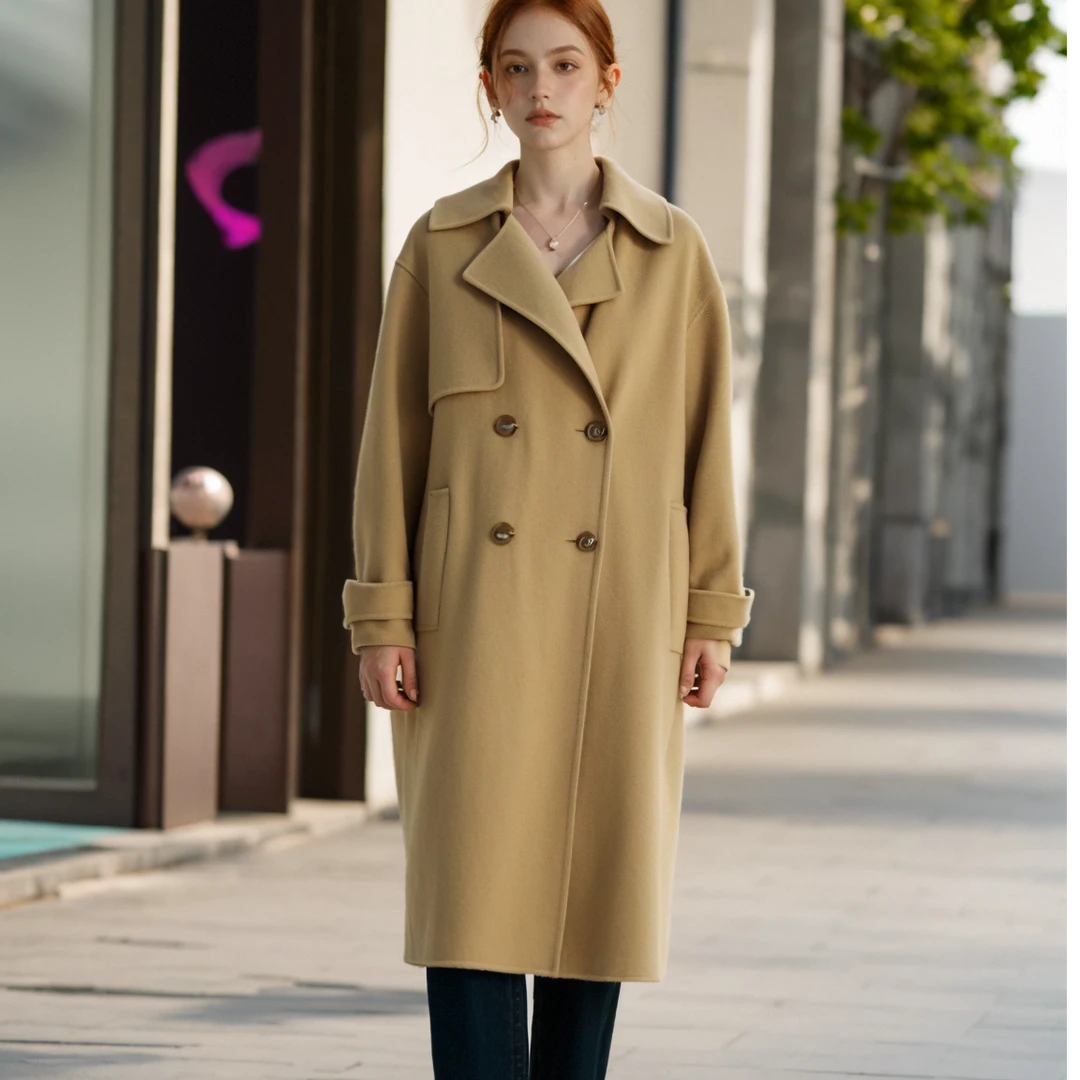 【卡利亚某里】玛菲女装高端洋气中长款经典百搭卡其色女大衣-0018